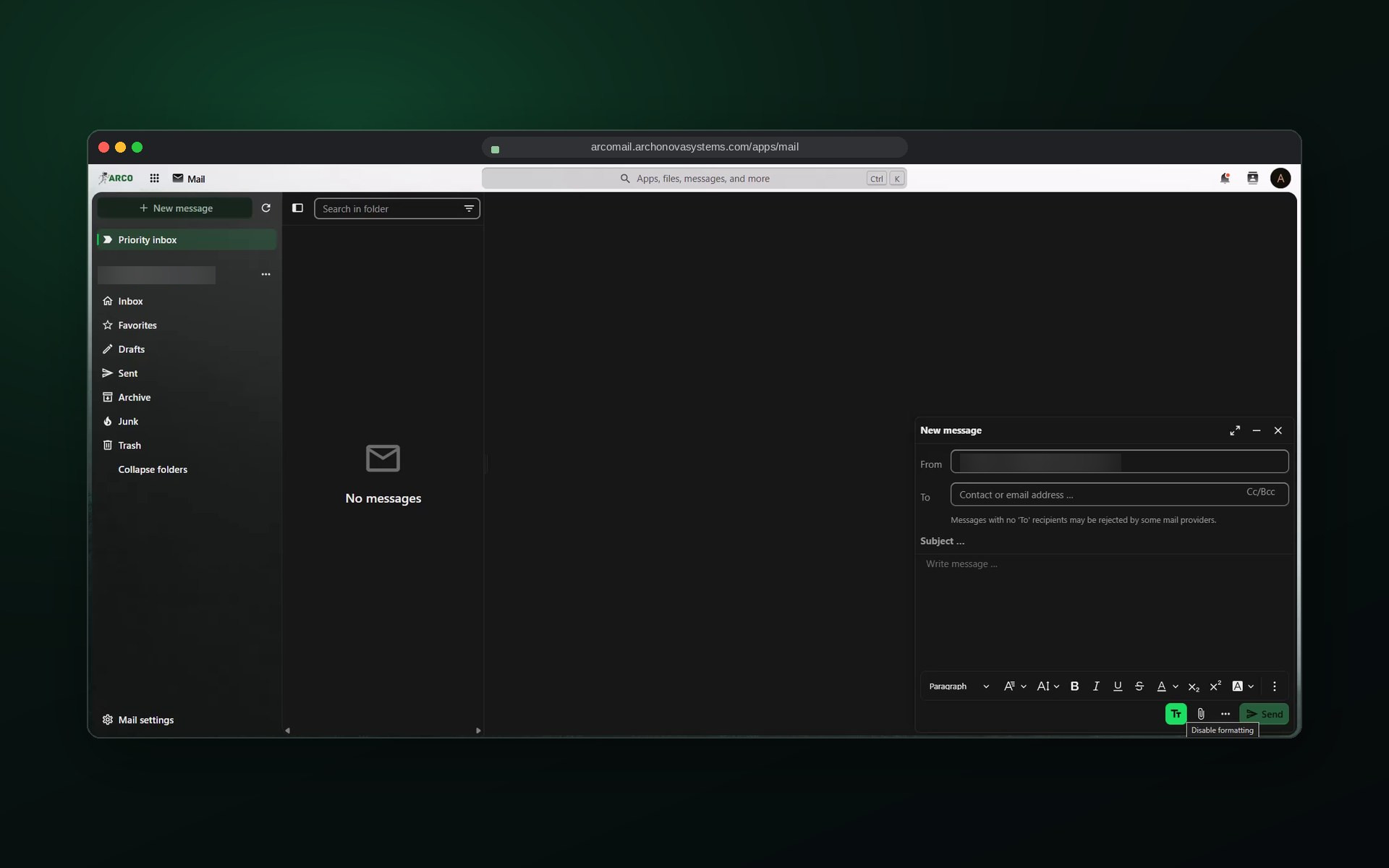 ARCO Mail Mail screen: Priority inbox, rich compose with formatting, read receipts and S/MIME.