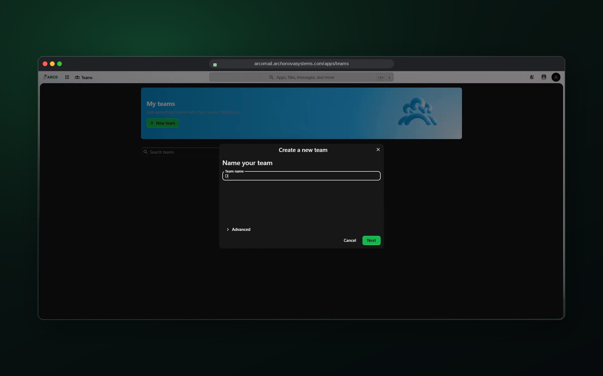 ARCO Mail Teams screen: Team spaces with members, roles, invites and shared resources.