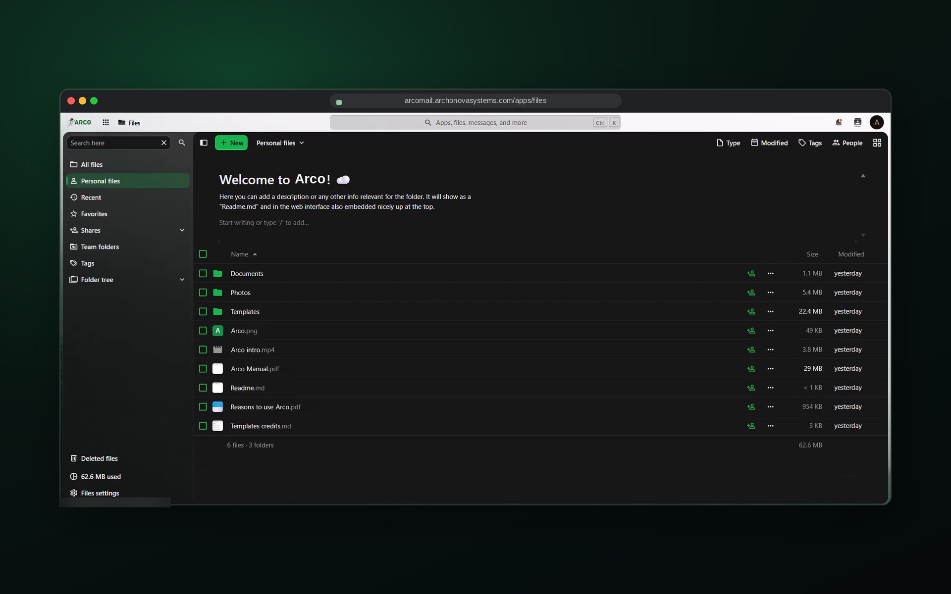 ARCO Mail Files screen: Personal and team folders, sharing, tags and version history.