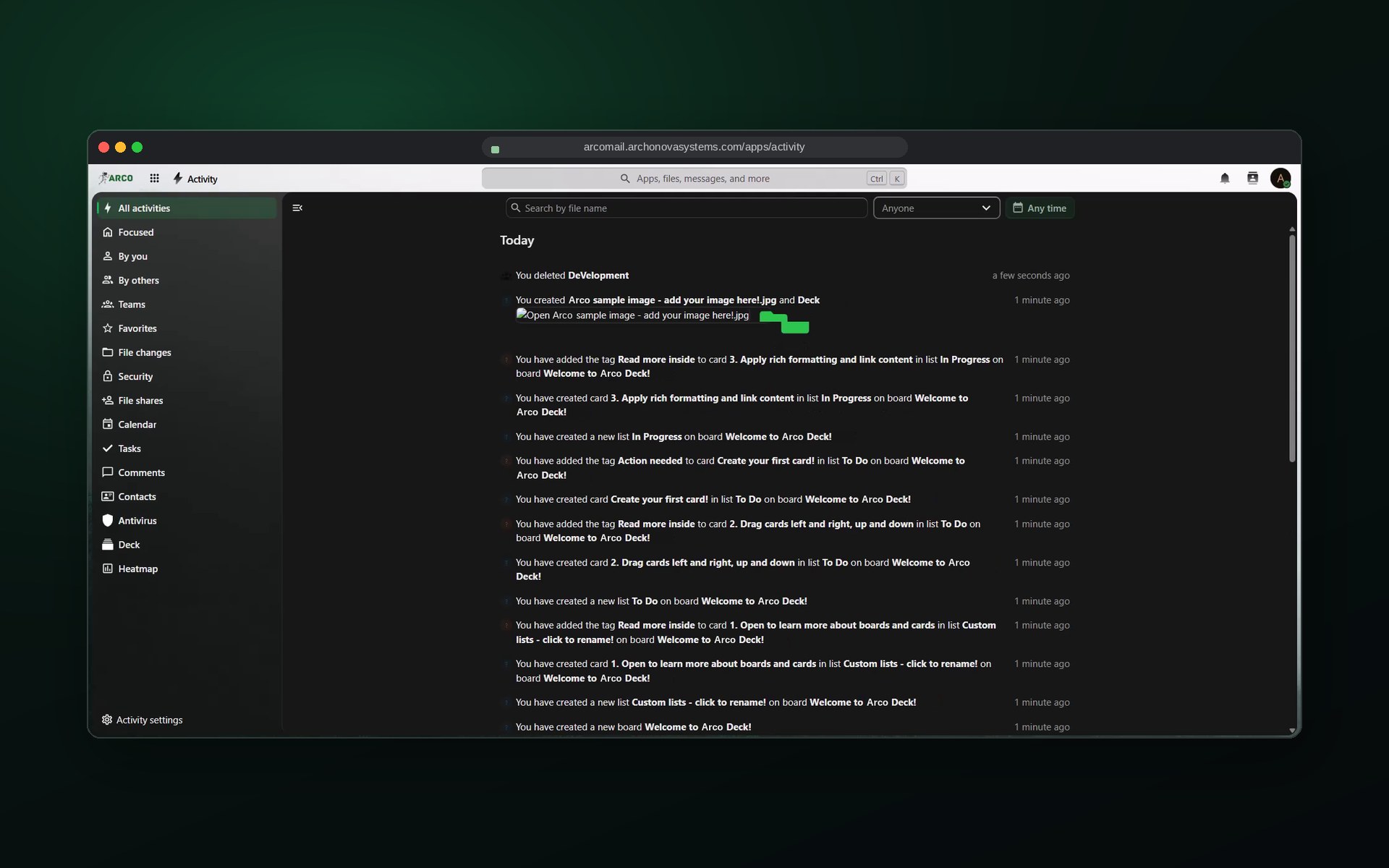 ARCO Mail Activity screen: A live feed of every change across files, calendars, cards and shares.