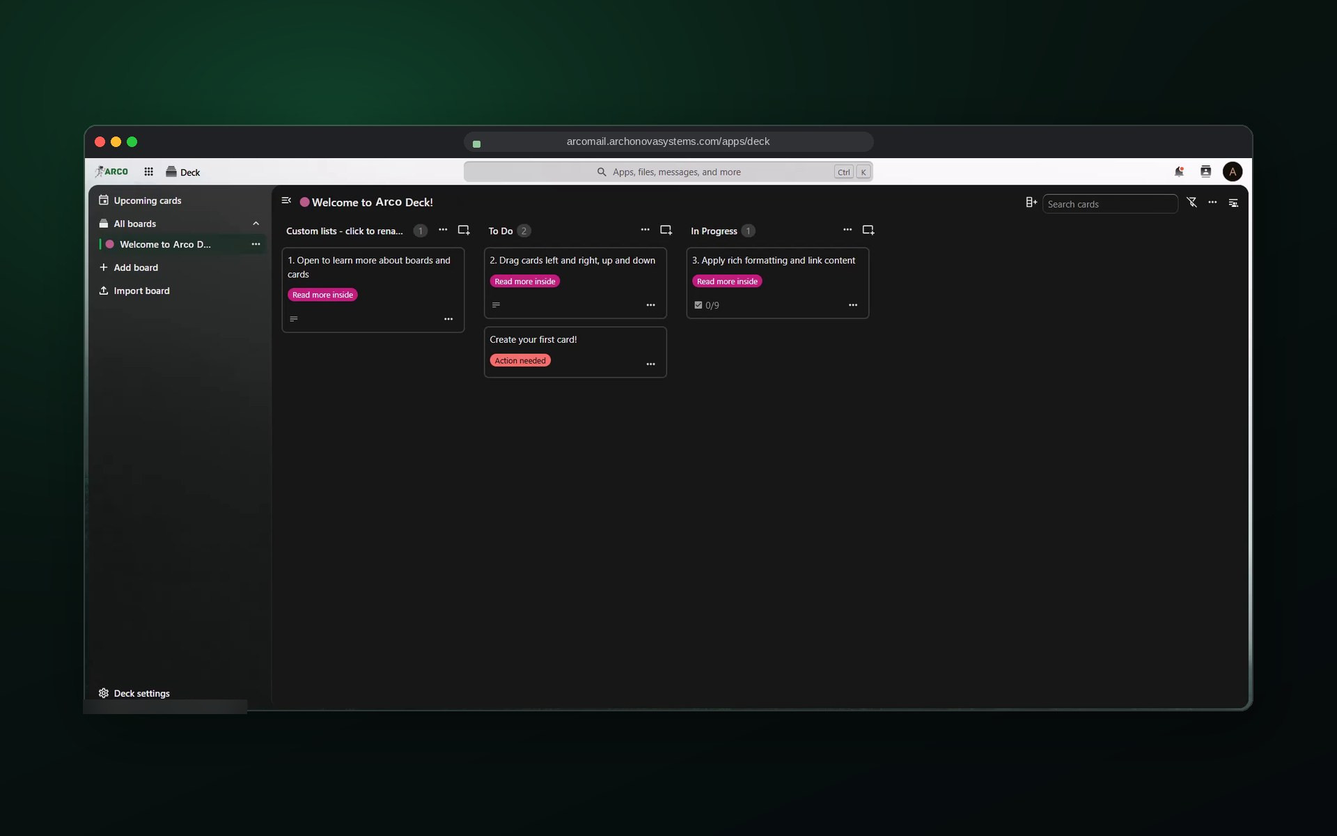 ARCO Mail Deck screen: Kanban boards with lists, cards, labels and due dates.