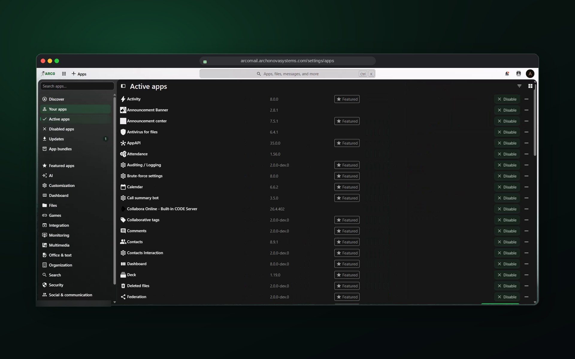 ARCO Mail Admin console screen: Enable apps, manage users, policies and domains from one console.