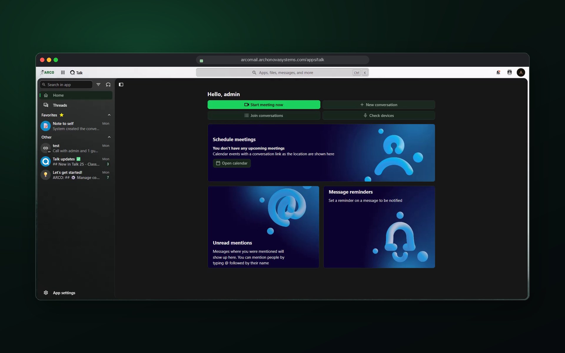 ARCO Mail Talk screen: Chat, audio/video calls, meeting scheduling and message reminders.