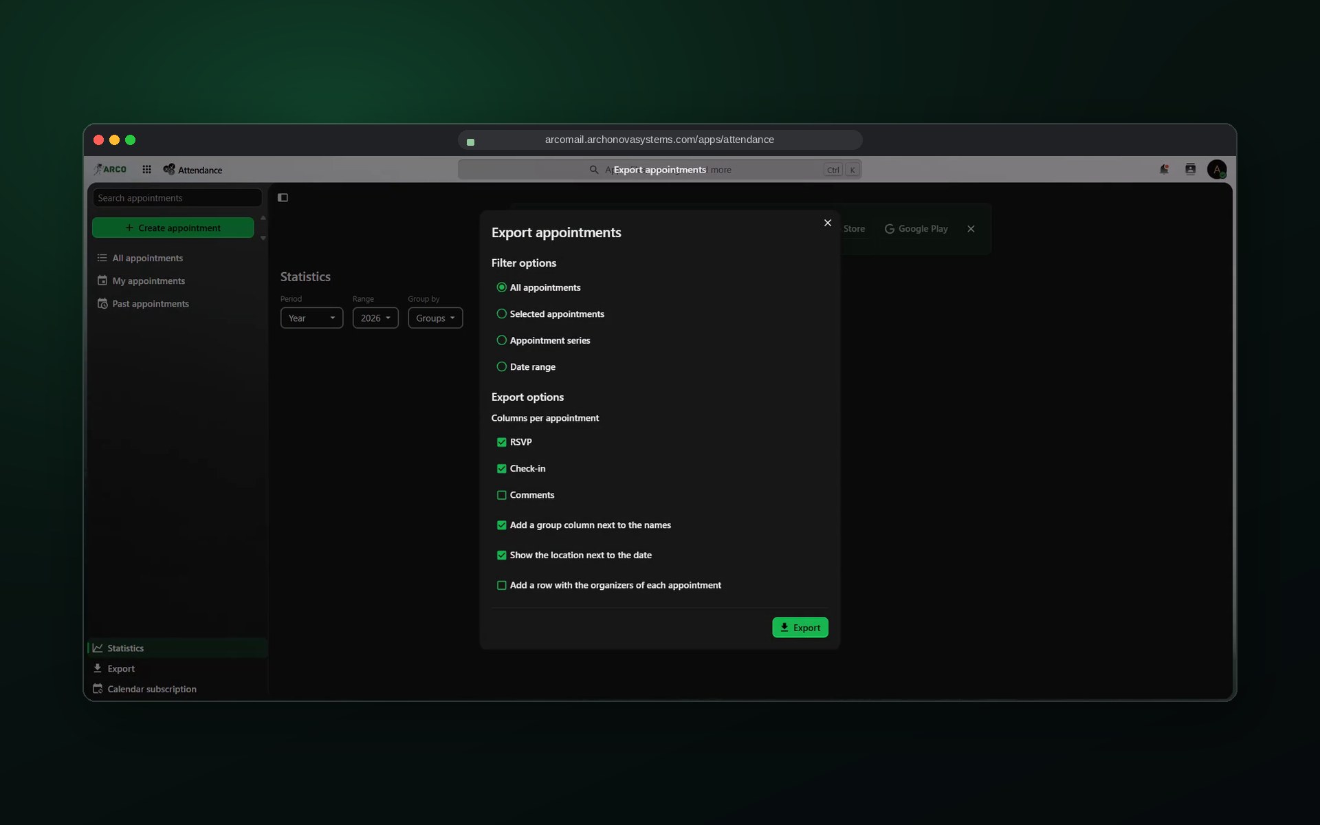 ARCO Mail Attendance screen: Appointments, check-ins, statistics and data export.
