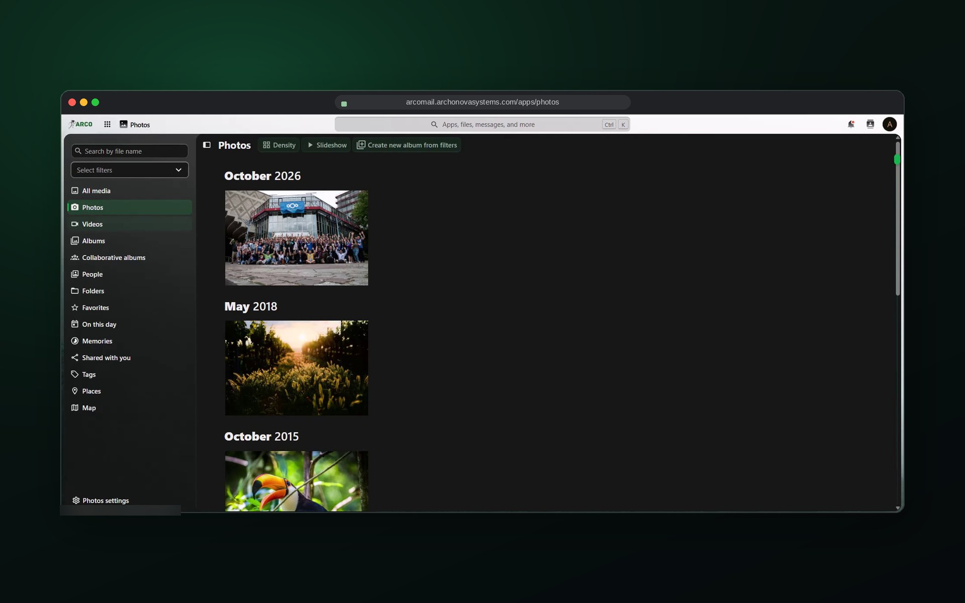 ARCO Mail Photos screen: Albums, timeline, people and places.