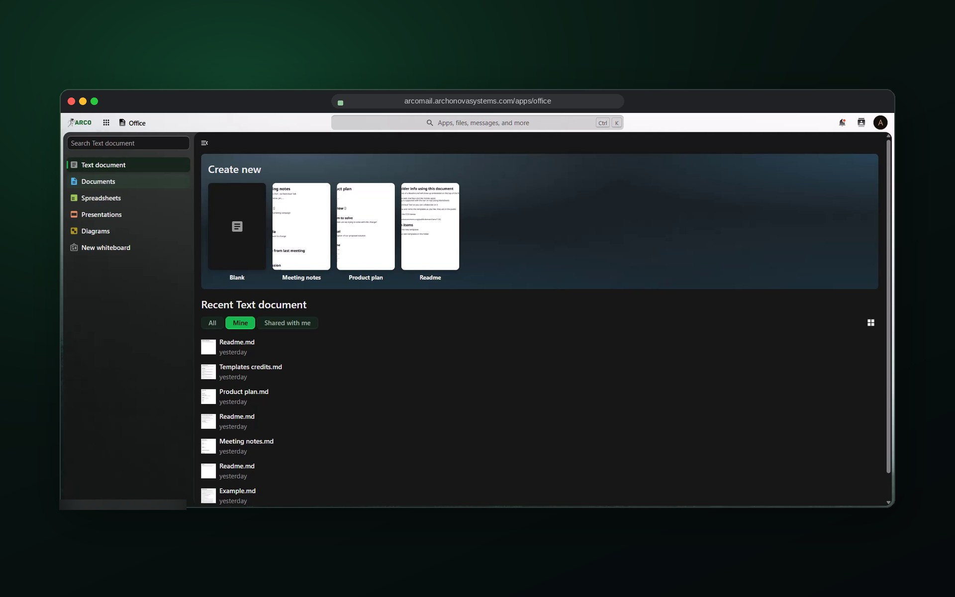 ARCO Mail Office screen: Create documents, spreadsheets and presentations from templates and co-edit in real time.